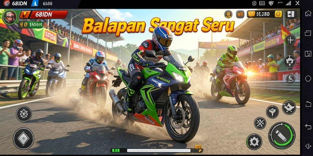 Tampilan gameplay 68IDN dengan motor balap di lintasan.