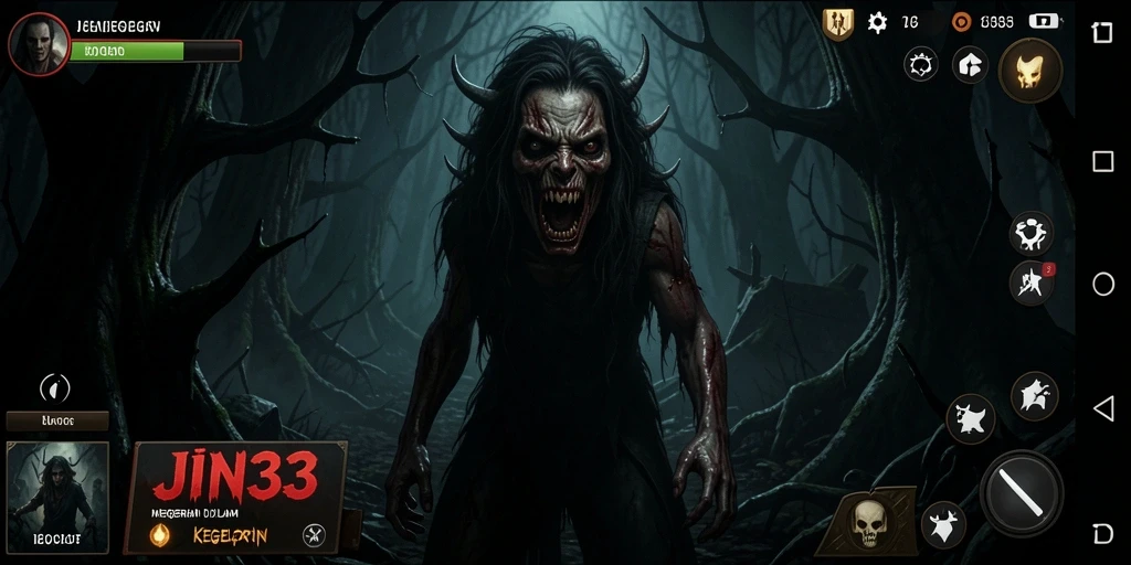 Screenshot dari gameplay mendebarkan JIN33 dengan suasana kegelapan yang mengerikan.
