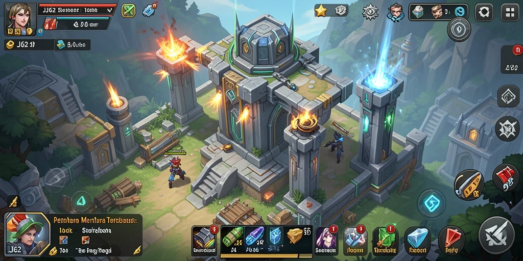 Tampilan gameplay JJ62 menampilkan menara dan musuh yang menegangkan.