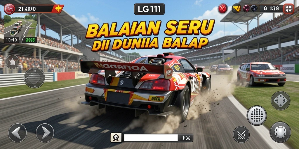 Tangkapan layar utama LG111 menampilkan aksi balap yang mendebarkan.