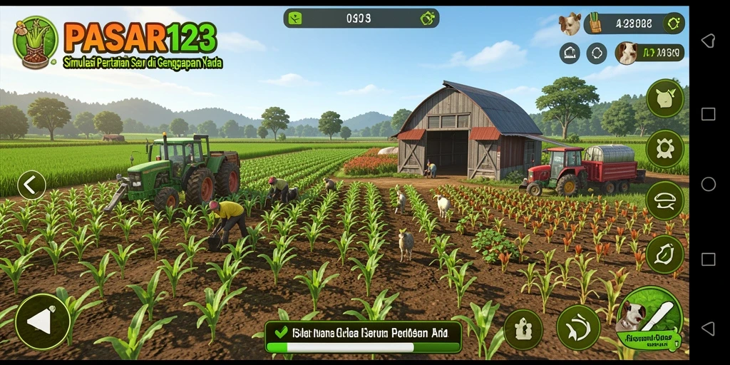 Screenshot utama PASAR123 menampilkan pemandangan kebun yang indah dan interaksi antar pemain.